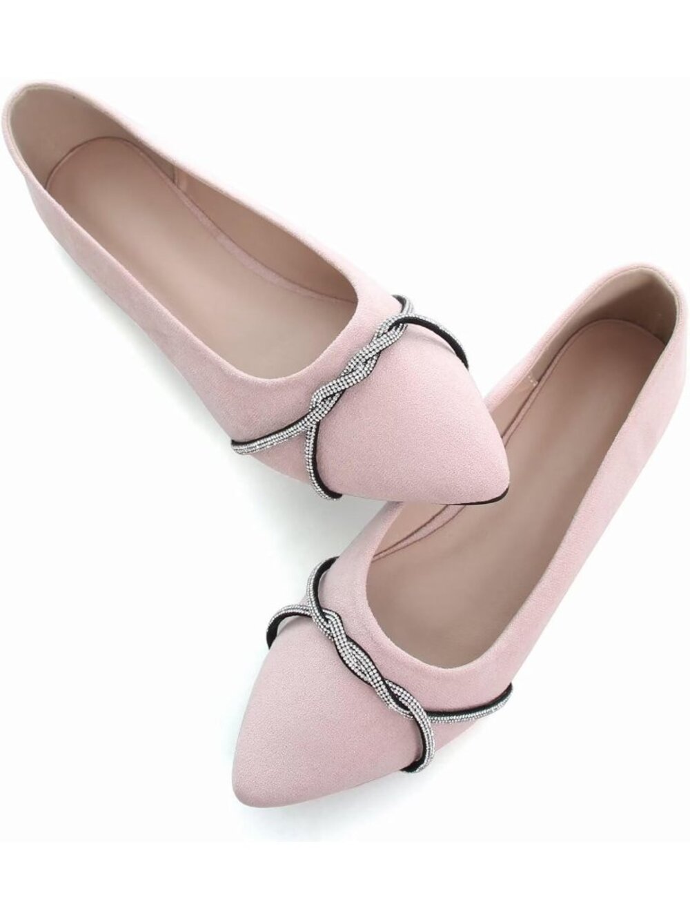 Women's F Light Pink Chain Ballet Flats Fashion Pointed Toe Slip On Dress Shoes - Picture 3 of 6
